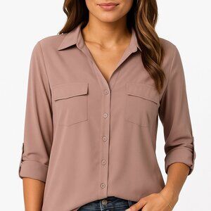 Lotusmile Women's Dressy Lapel Button Down Shirt XL, Adobe Rose